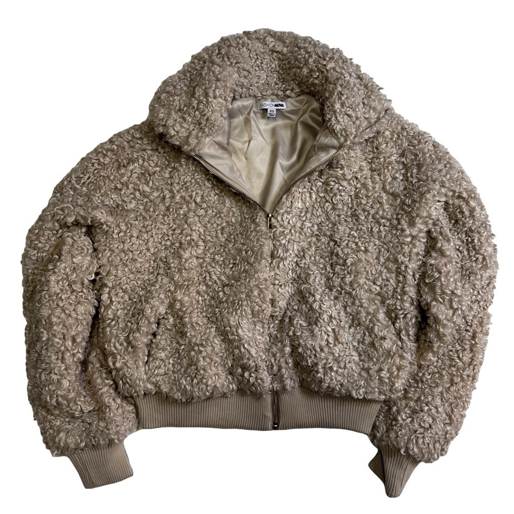 Fashion Nova Sherpa Teddy Jacket Coat Outerwear Size XS Beige Ribbed Cuffs Hem - Picture 3 of 16